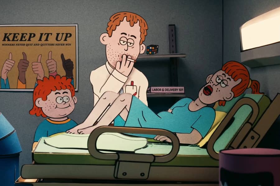 mom is in a hospital bed as the doctor smokes nearby