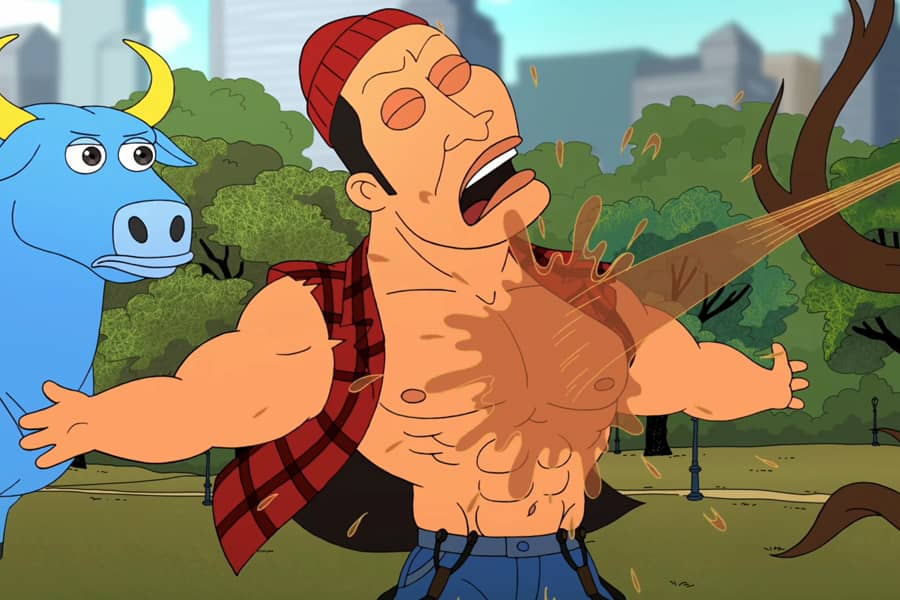 syrup from a tree sprays all over Paul Bunyan’s bare chest while Babe the Blue Ox looks on
