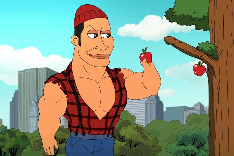 Paul Bunyan grabs an apple from a penis-shaped branch