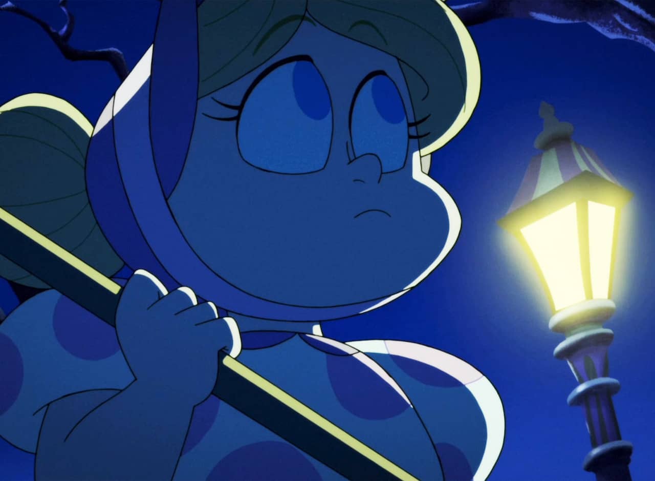 Little Bo Peep in the dark, looking at a lamp post