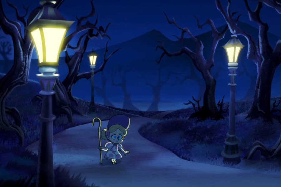 Little Bo Peep walking down a dark, creepy path amongst dead trees and lamp posts