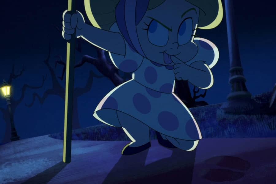 Little Bo Peep licking her finger near a sheep hoofprint