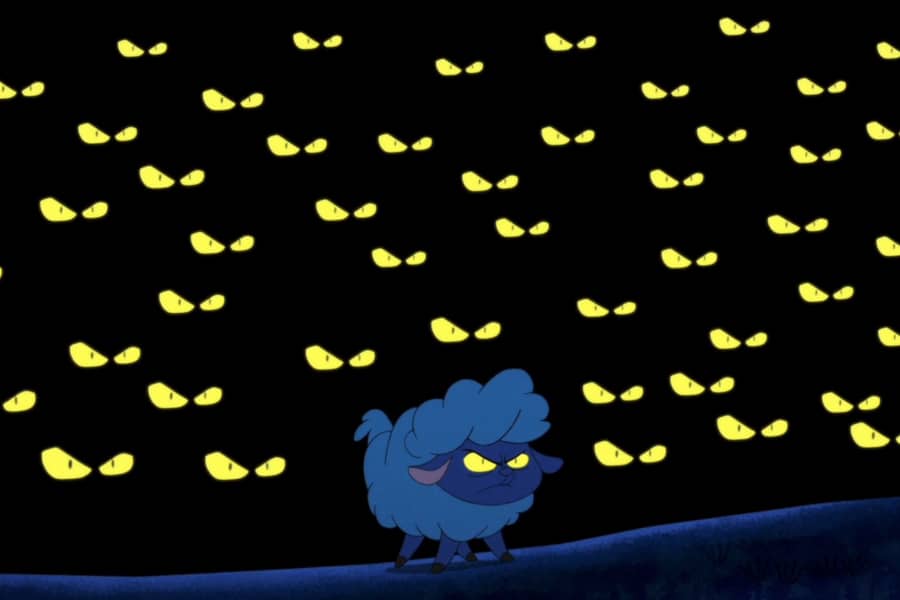 a sheep with sinister yellow eyes, surrounded by lots of other yellow eyes