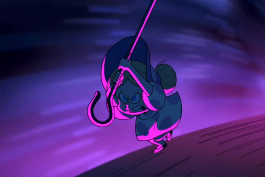 Little Bo Peep, illuminated with purple light, running to attack