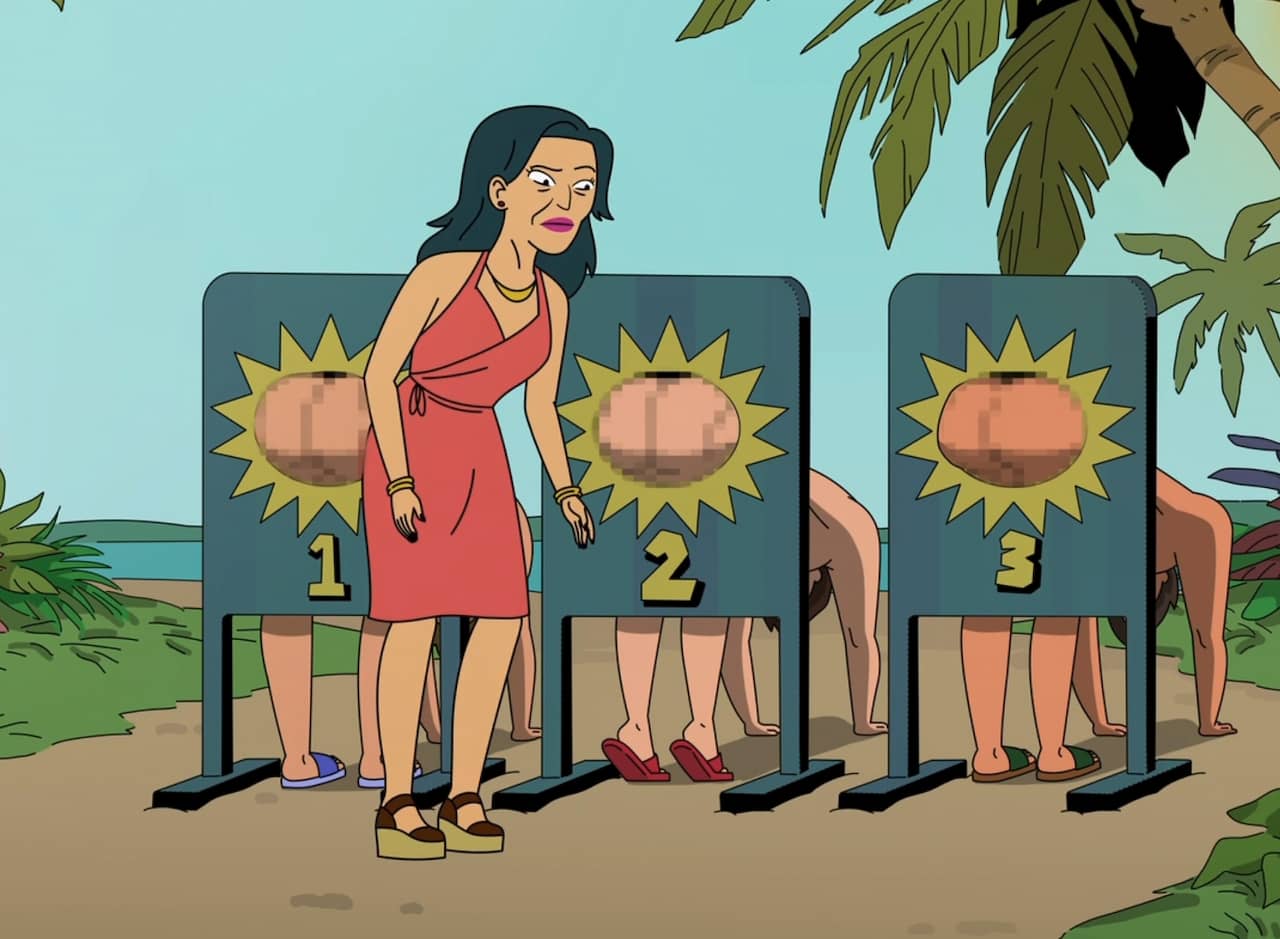 a mother inspecting three men’s pixelated backsides through numbered holes
