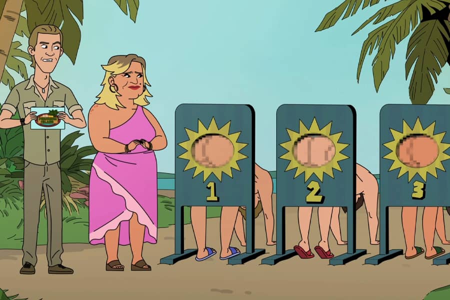 host with a mother and three men’s pixelated backsides