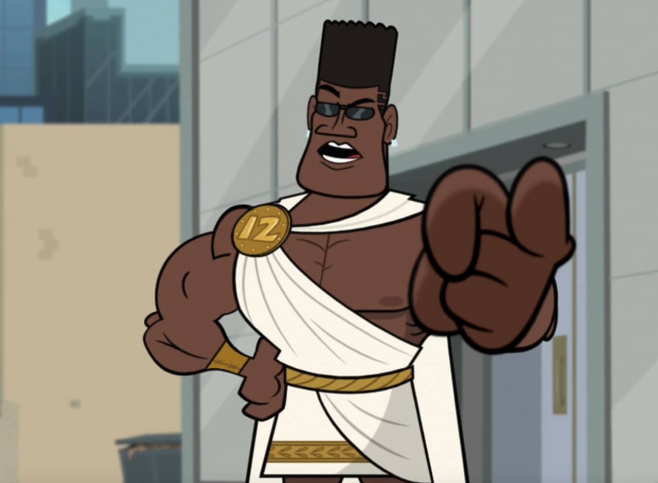 Rock Callahan as Perseus, a buff Black man with flat top dressed in Greek toga