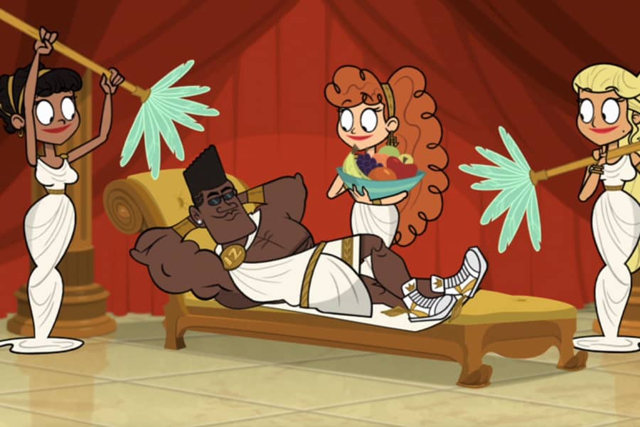 women fanning Perseus with palm fronds