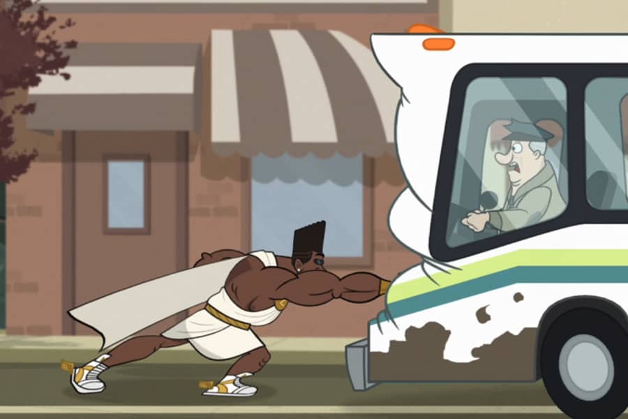 Perseus stopping a bus with his fist