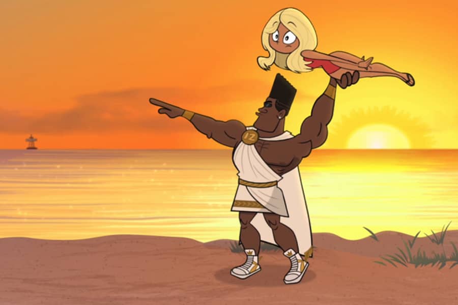 Perseus about to throw a blonde woman like a javelin