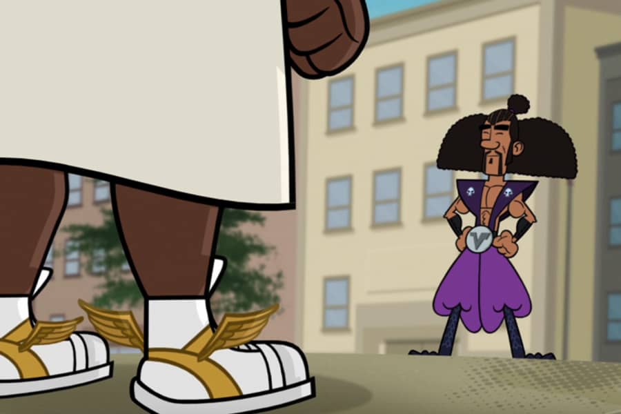 Perseus, with winged sandals, confronting another dude in purple parachute pants