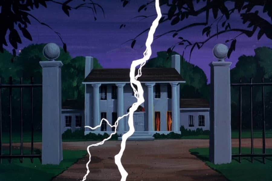 southern-style house with lightning striking