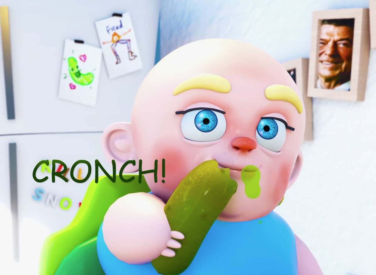 an animated baby with bold eyebrows cronching on a pickle