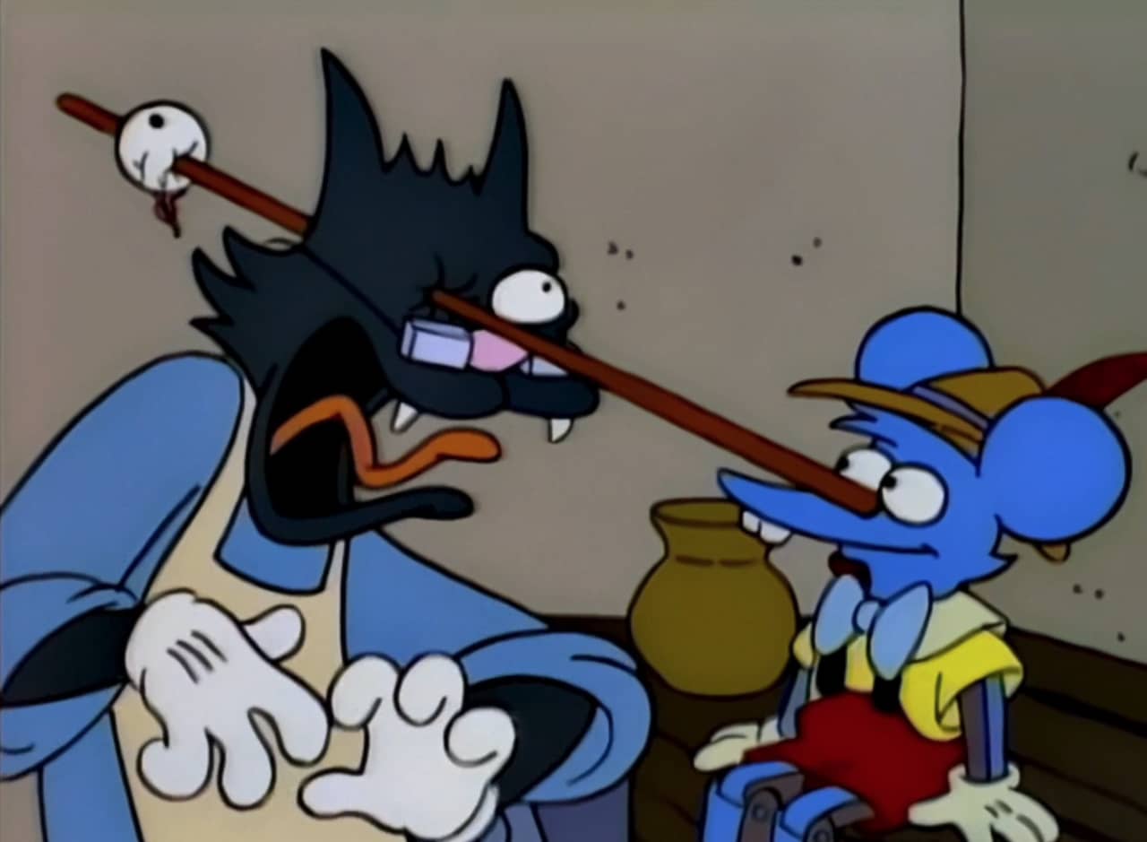 Itchy and Scratchy as Pinitchio and Geppetto, Pinitchio’s nose is impaling Geppetto’s eyeball