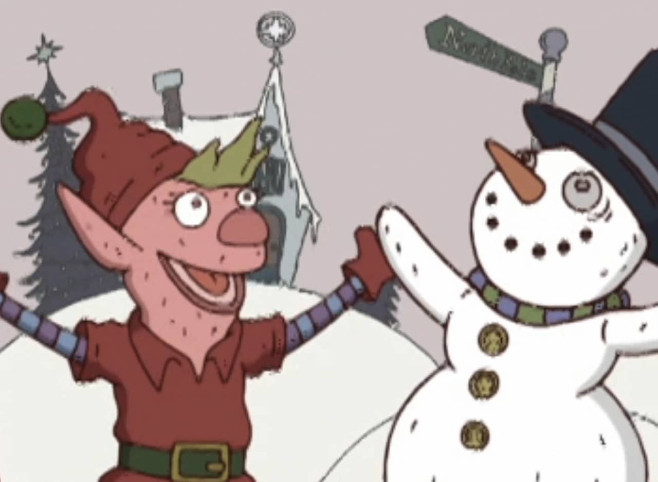 elf and snow man in the North Pole