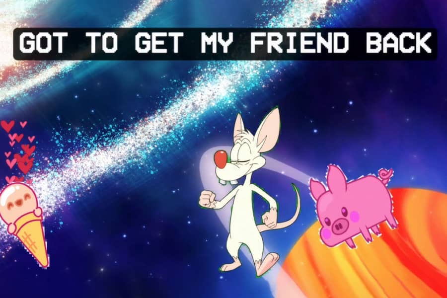 Pink superimposed over a space background with ice cream and pig stickers and tex that says “Got to get my friend back”
