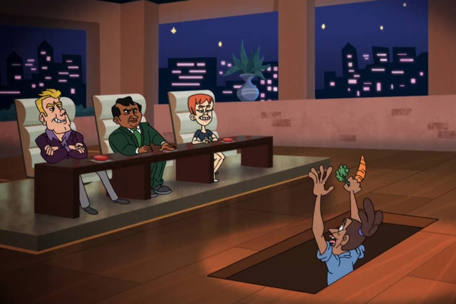 panel of billionaires watching the entrepreneur fall through a trapdoor on the floor