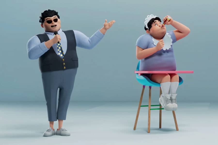 one host is chugging hot sauce in a highchair