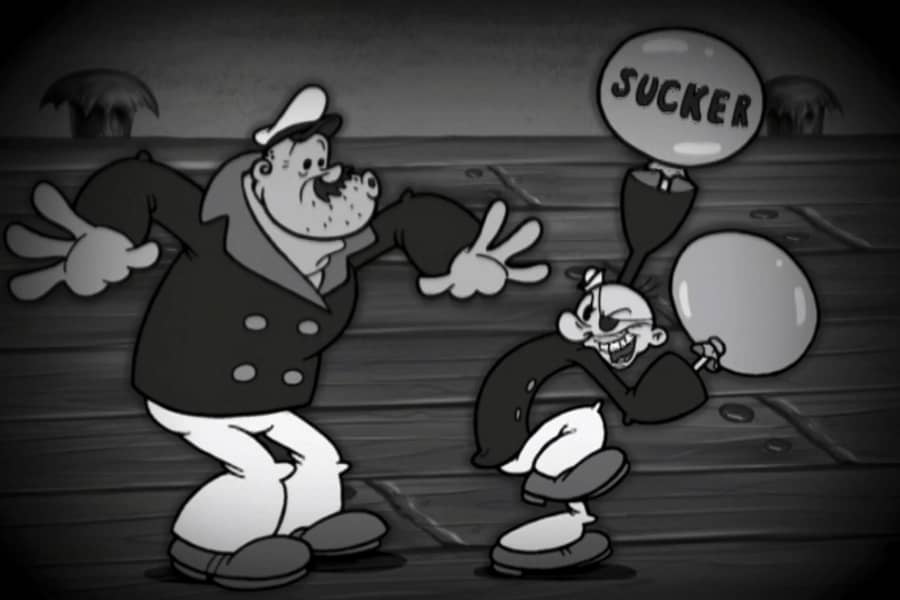 Poke Eye about to hit the bigger sailor, but his hands are ballooned up with “Sucker” written on them