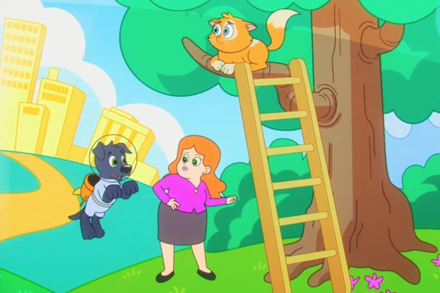 dog in a spacesuit by a woman whose cat is stuck up a tree