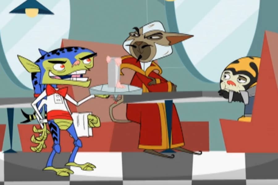 Anthropix dressed as a waiter, bringing a milkshake to a guy at a table