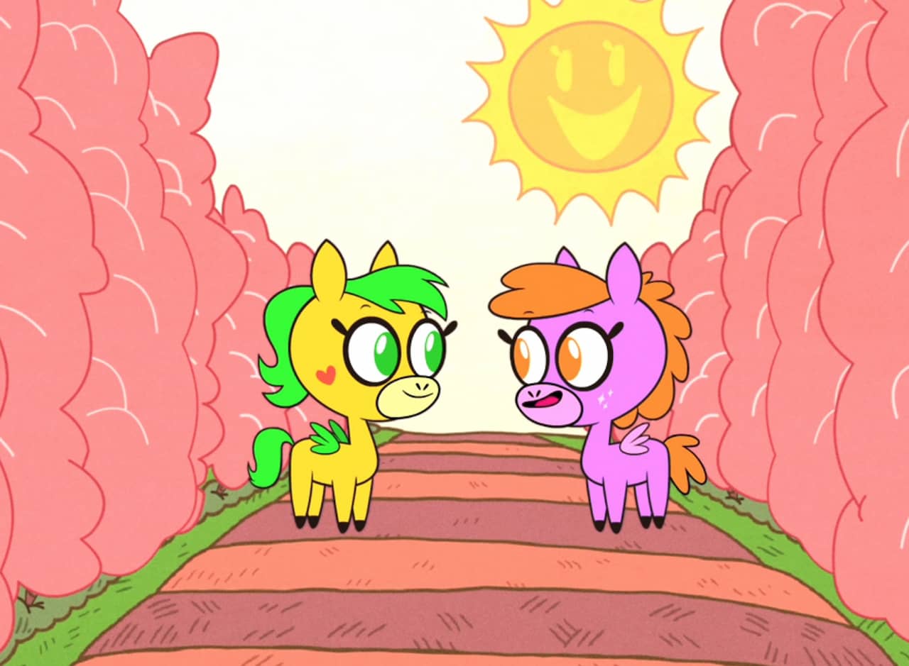 Butterbean and Sparkleface, two colorful pegasus ponies, stand in a cotton candy field