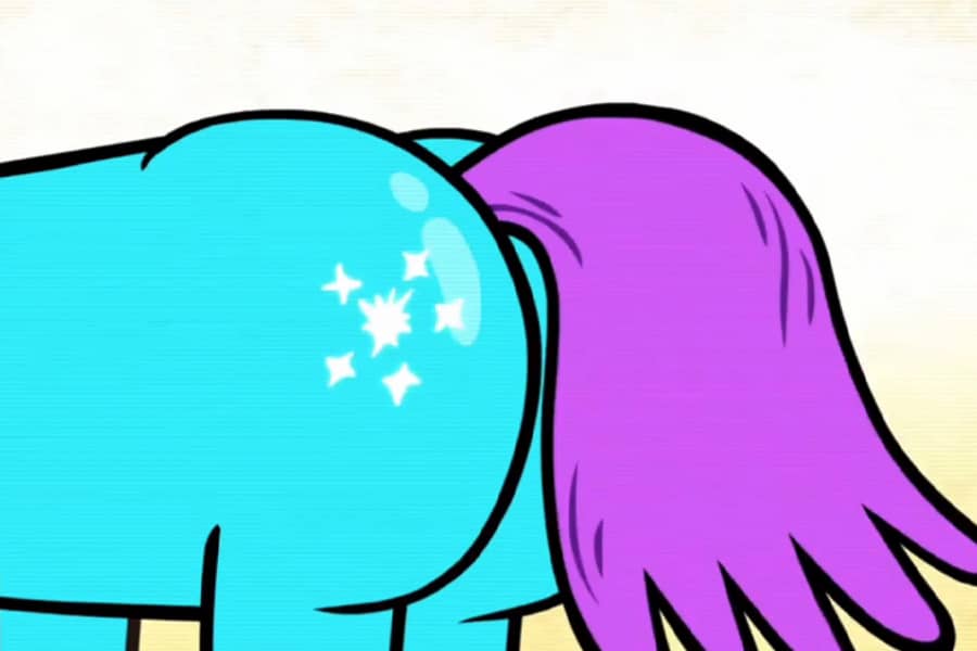 a sparkling blue pony butt with purple tail