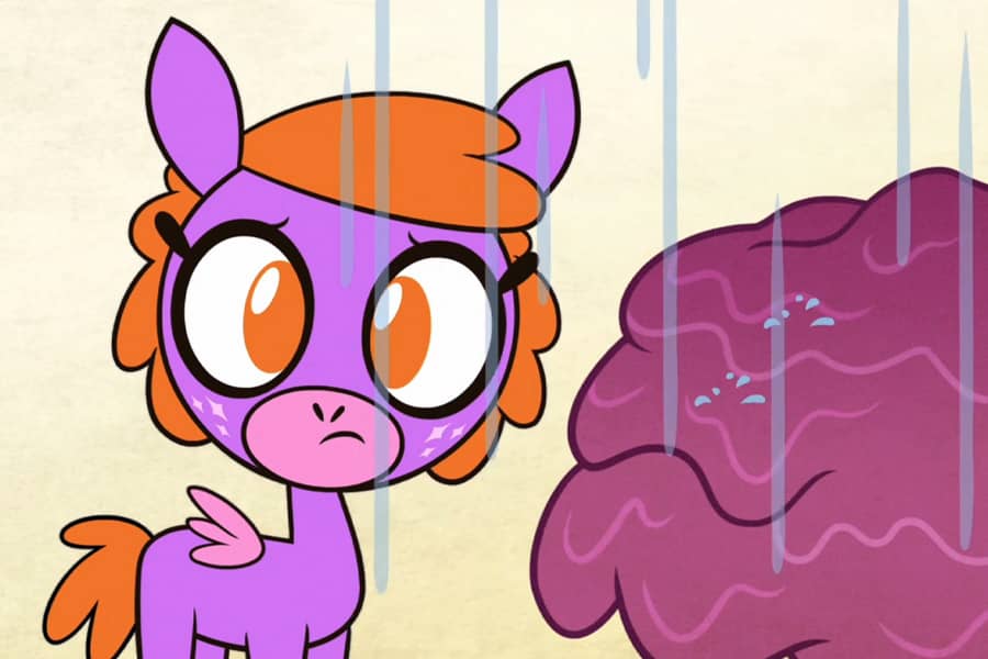 Sparkleface looking confused as cotton candy wilts under the rain