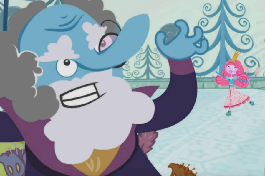 Count Cloudy is cackling in the foreground while Princess ice skates in the background