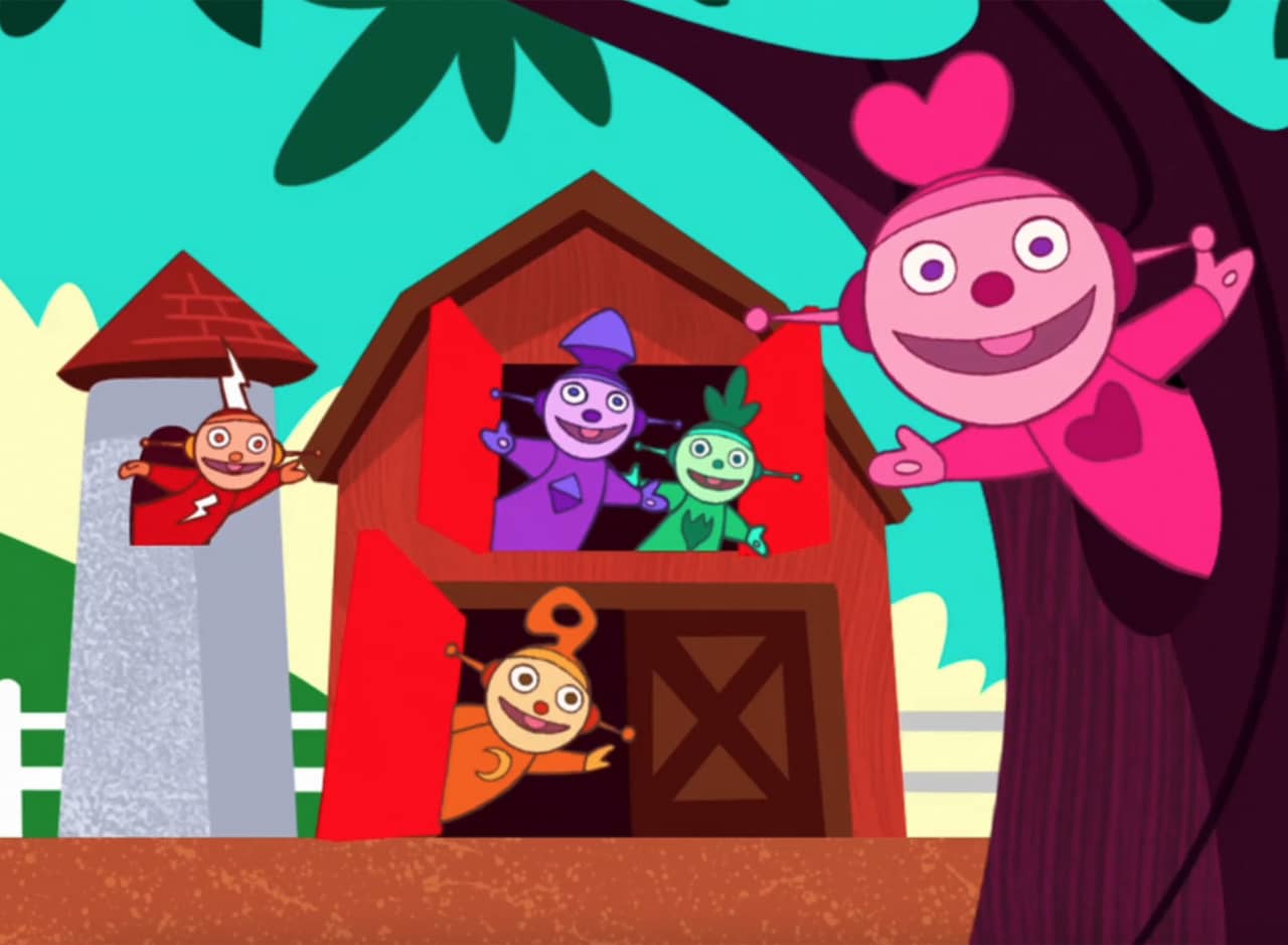 colorful Puppet Pals popping out of a barn and trees