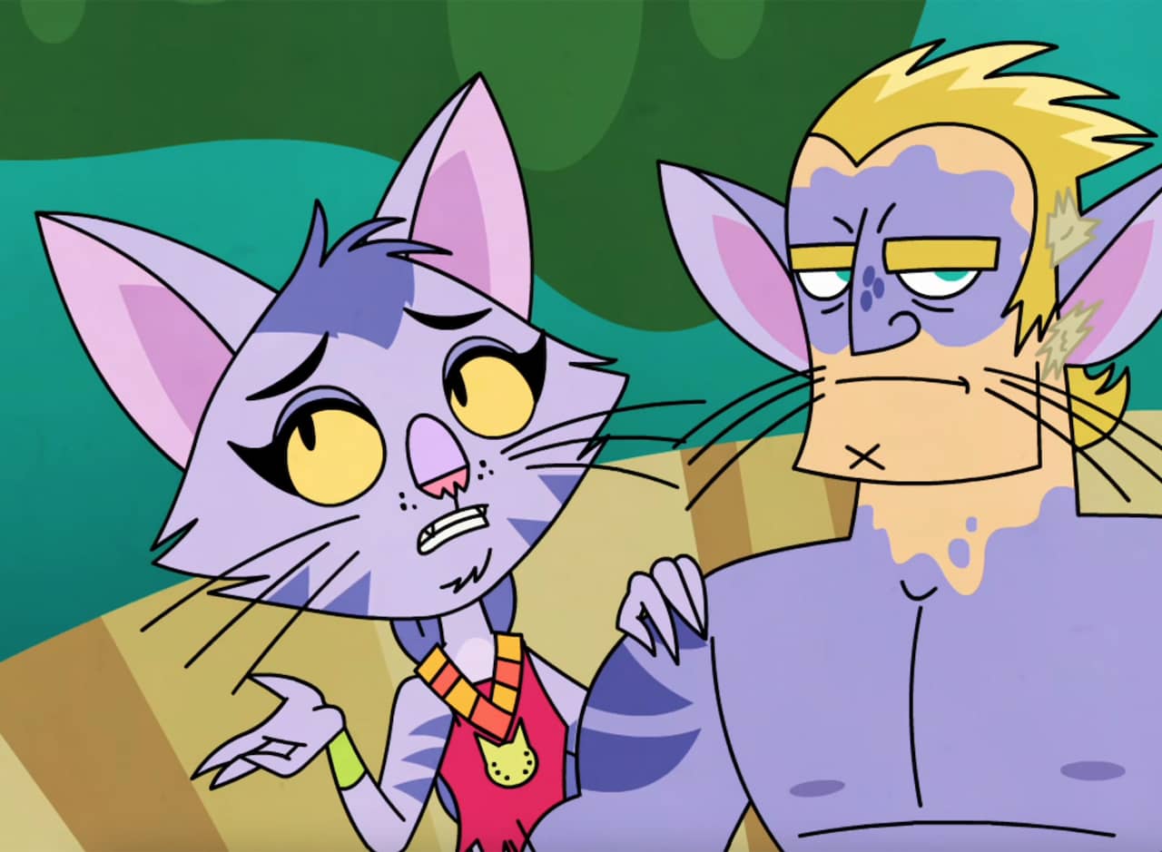Princess Whiskers, a purple space cat, and her friend who is a human disguised as one