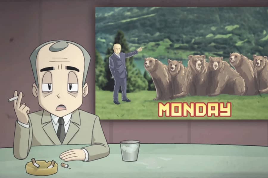 tired looking, smoking newscaster with photo of Putin and six black bears