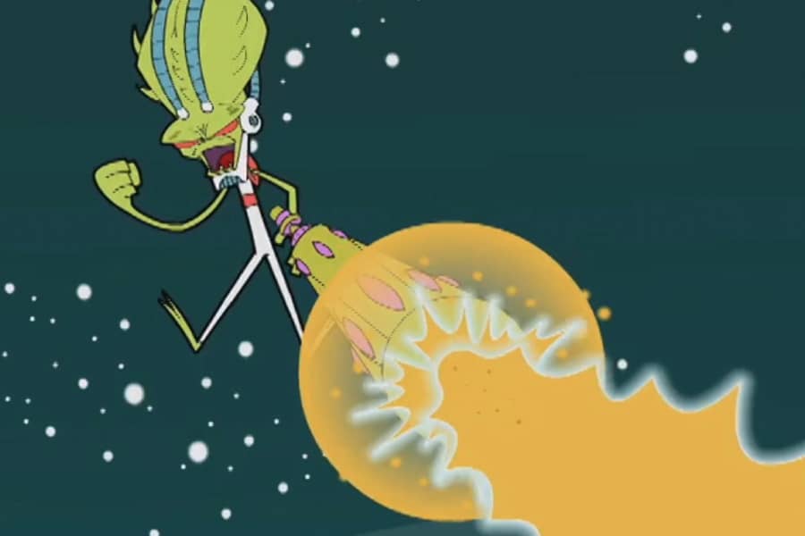 alien shooting a ray gun