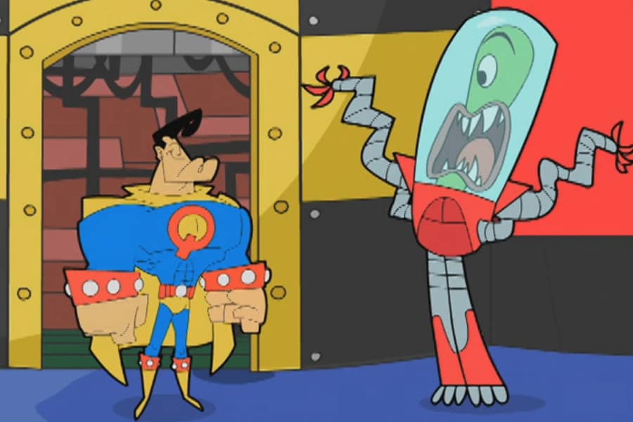 Quantum Vigilante standing next to an alien robot thing that is screaming