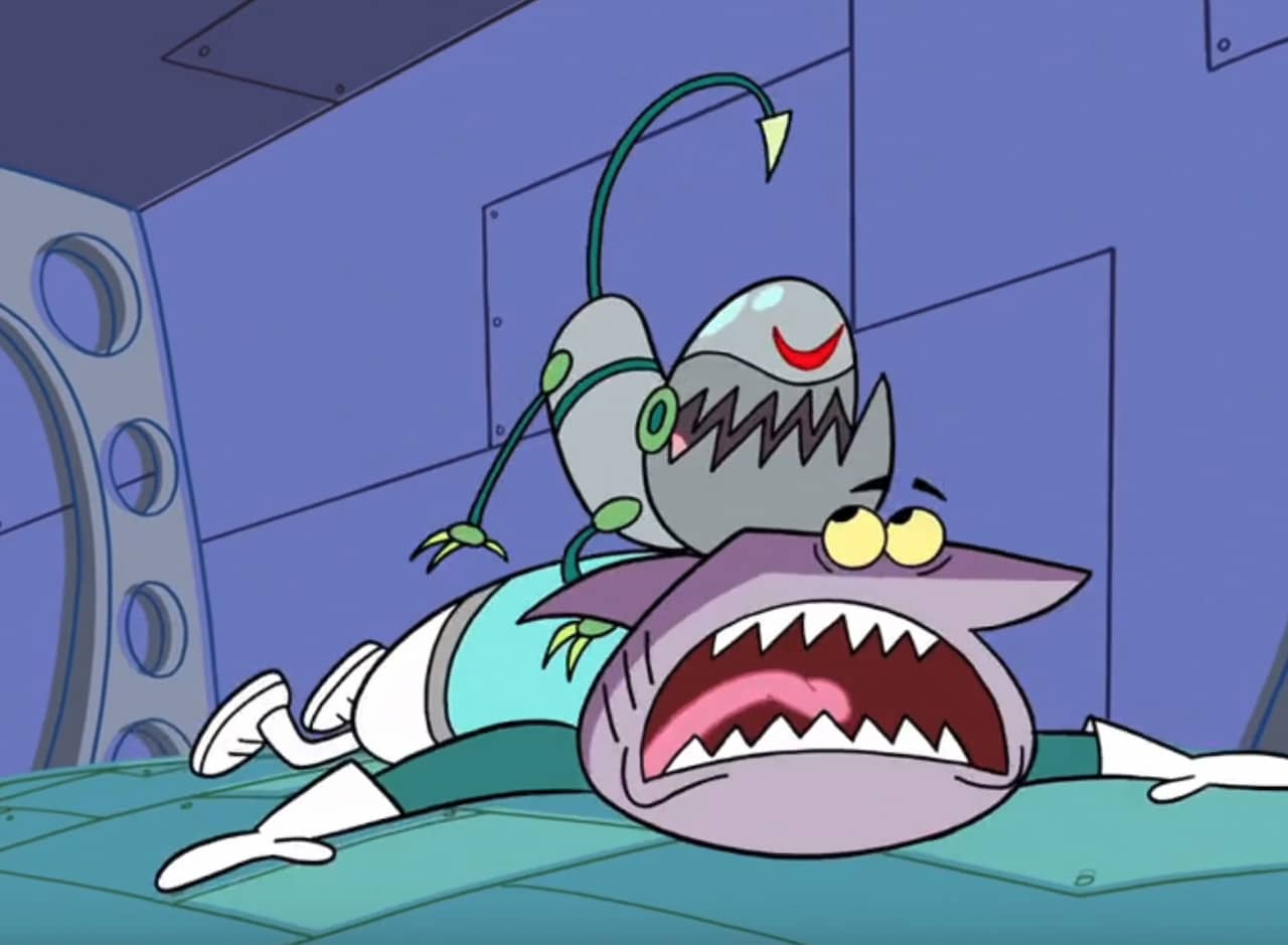 a dog-like robot alien growling on Captain Quasar’s back