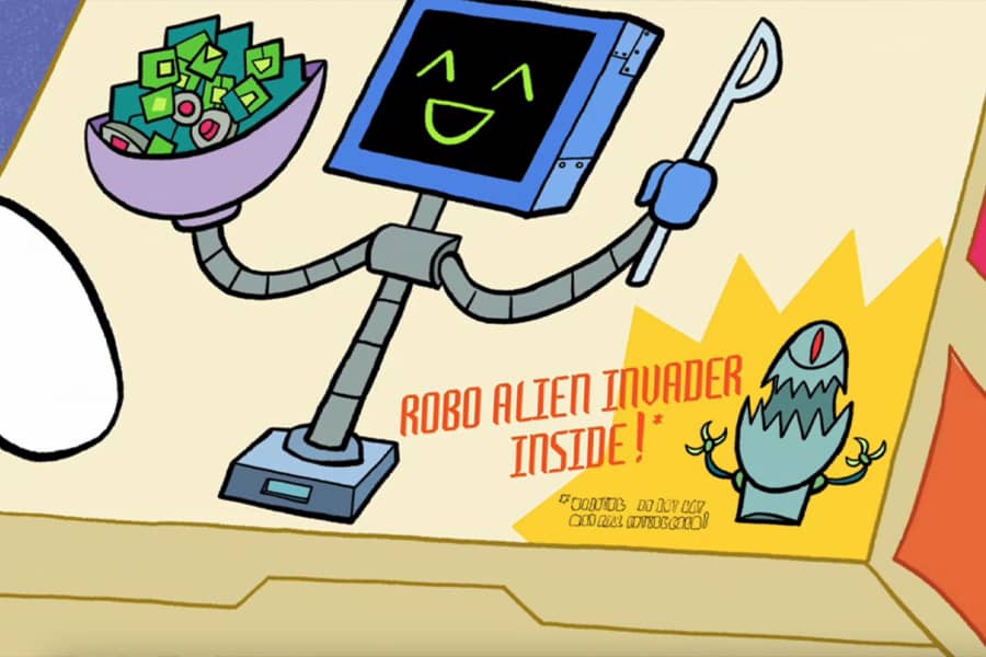 close-up at the box of Logic Loops with text “Robo alien invader inside”