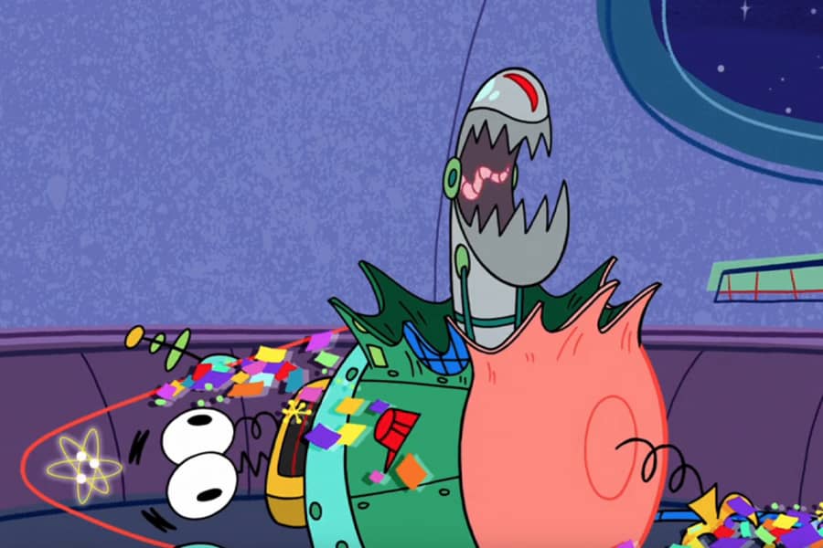 little robot alien bursting from Pat-Tron’s abdomen