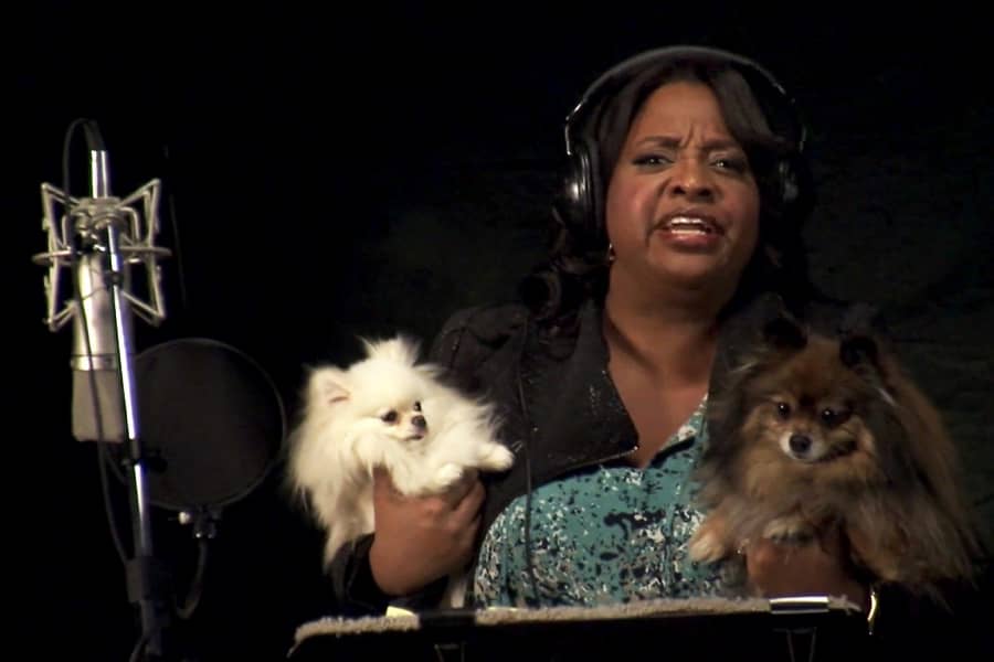 Angie Jordan in the recording studio holding two fluffy dogs