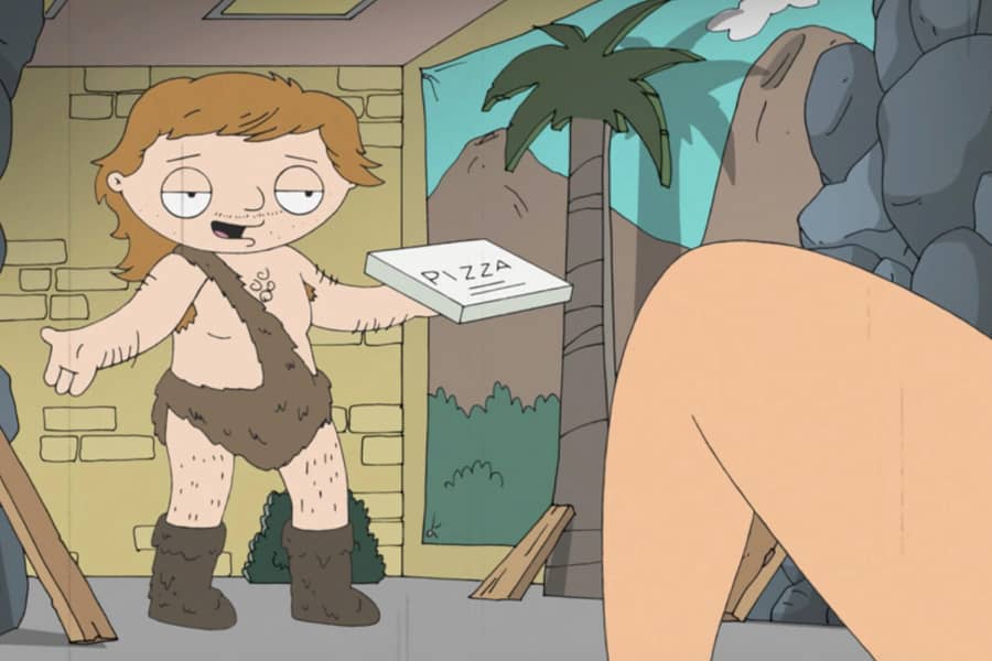 another caveman delivers a pizza and he looks a lot like Stewie