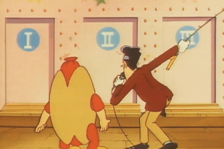 hot dog man is presented with three doors