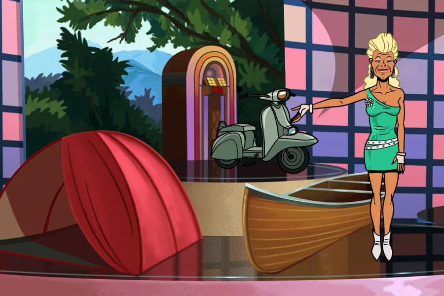 blonde assistant showcasing prize package including a tent, canoe, moped, and jukebox