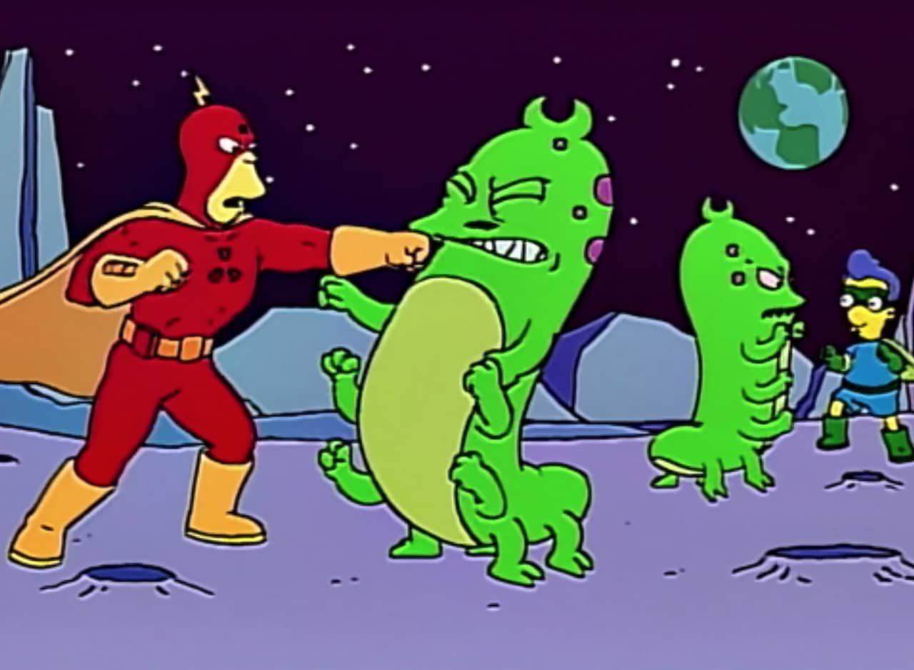 superheroes Radioactive Man and Fallout Boy fight aliens on the moon