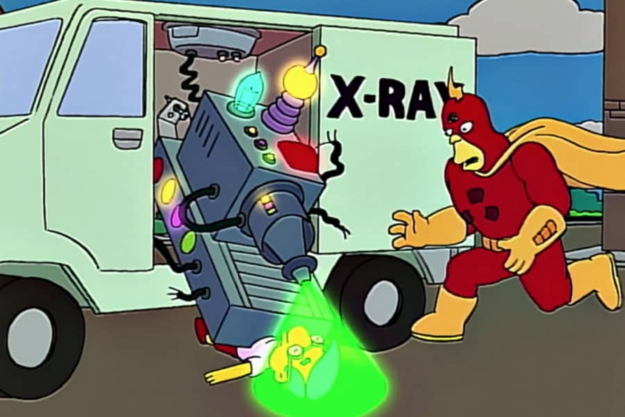 an x-ray truck floods a pinned Milhouse’s head with green radiation as Radioactive Man runs to save him
