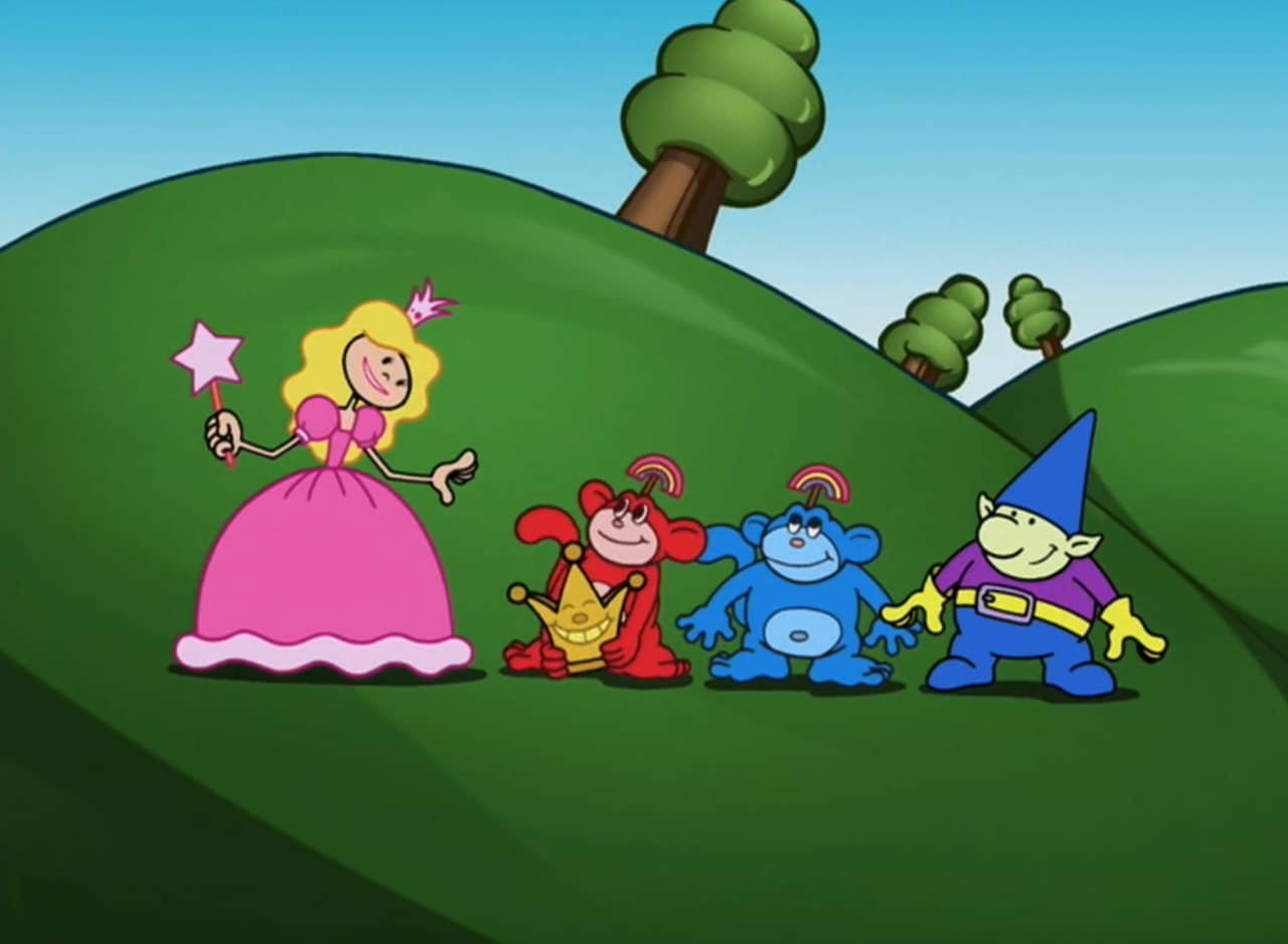 princess with two rainbow monkeys and a dwarf