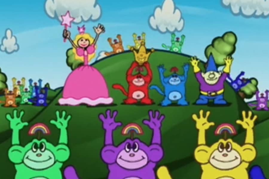 princess and rainbow monkeys dancing in the hills