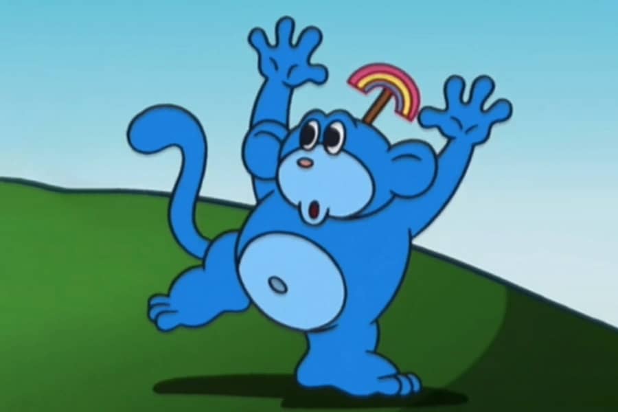 blue rainbow monkey with his arms up
