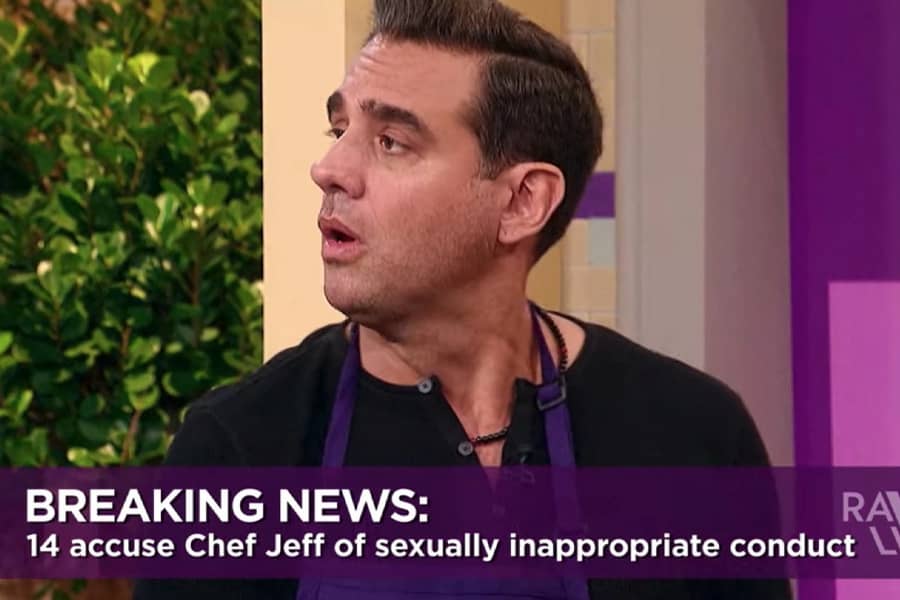 Chef Jeff looking confused and a chyron says “14 accuse Chef Jeff of sexually inappropriate conduct”