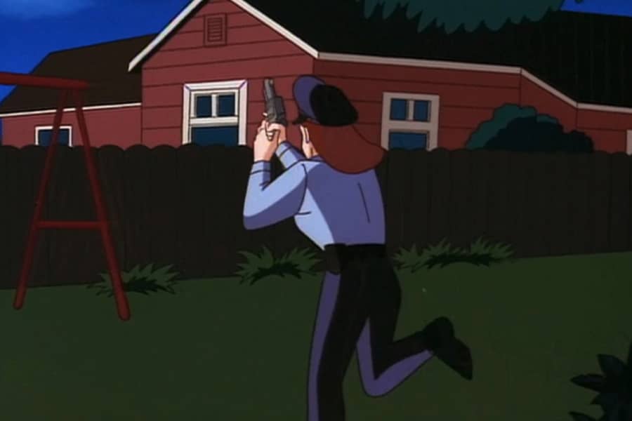 gun-wielding woman cop running into a backyard