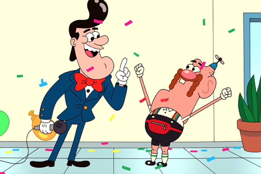 game show host greeting a lucky winner with confetti