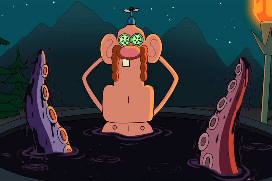 guest in a cauldron spa with two tentacles reaching out from the black water
